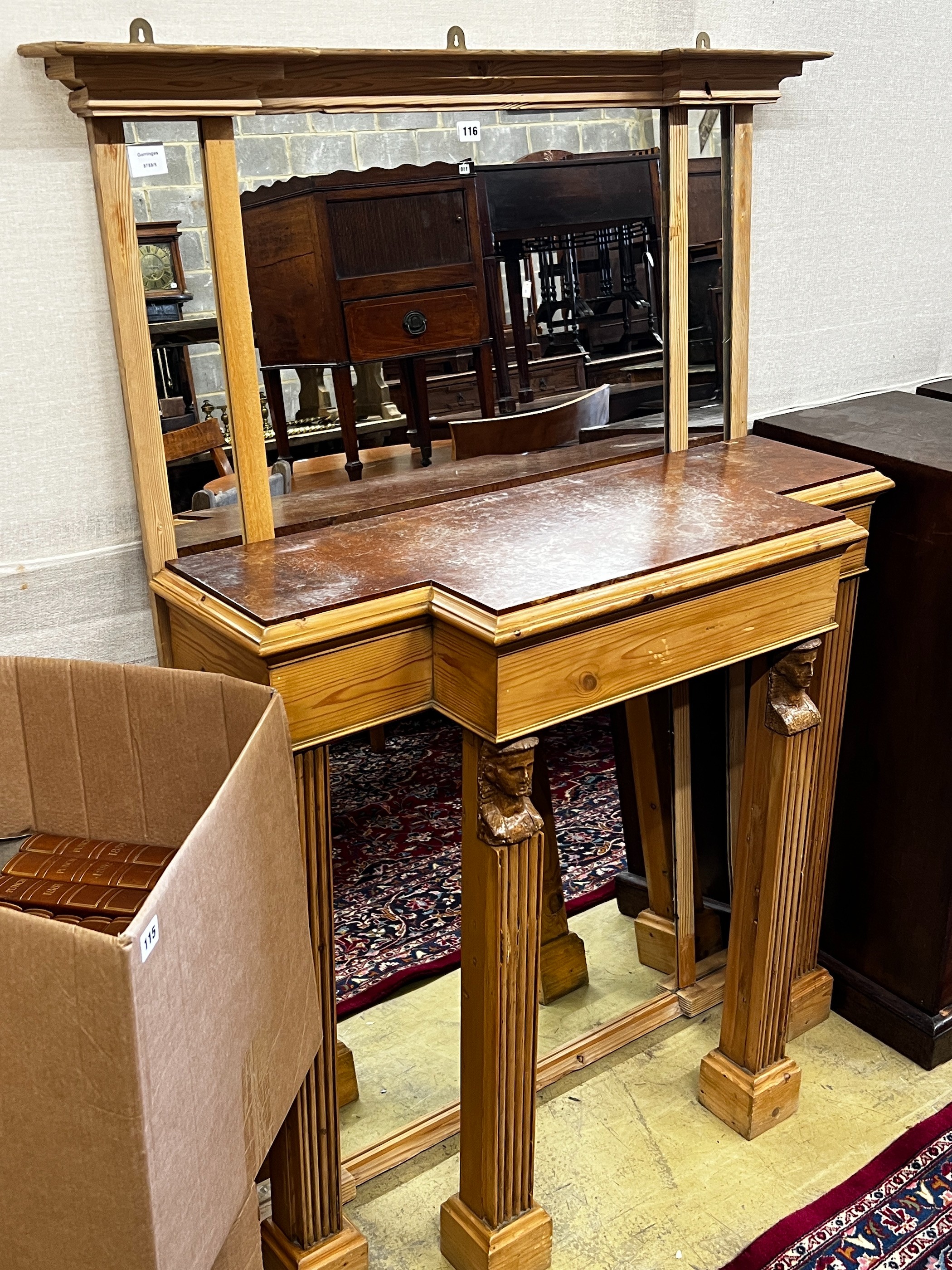 An Adam style pale pine marble topped breakfront mirrored back console table, width 110cm, depth 36cm, height 232cm